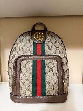 Gucci Beige GG Supreme Canvas Backpack with Green and Red Web Stripe 9x11 inches